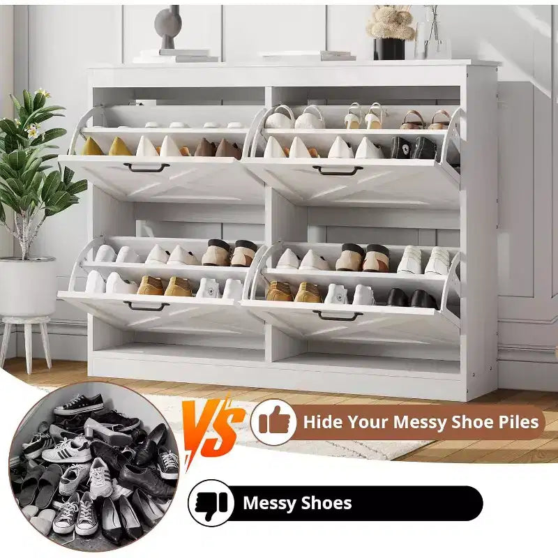 Shoe Cabinet with 4 Flip Drawers Narrow Shoe Storage Cabinet Organizer Wooden Freestanding Rack Hidden Slim Storage for Entryway, Hallway