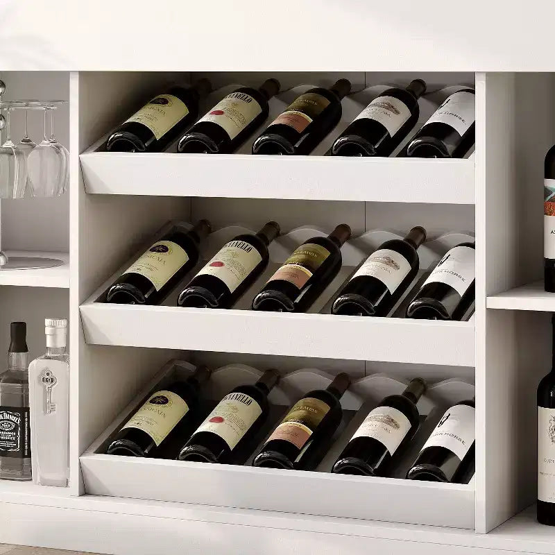 White Multi-Layer Bar Cabinet Wine Cabinet with Wave-Patterned Glass Countertop, Tiered Design, Ambient Lighting