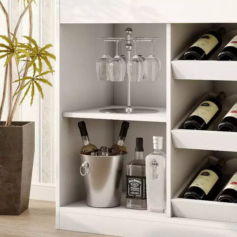 White Multi-Layer Bar Cabinet Wine Cabinet with Wave-Patterned Glass Countertop, Tiered Design, Ambient Lighting