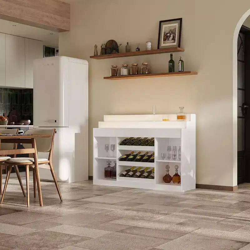 White Multi-Layer Bar Cabinet Wine Cabinet with Wave-Patterned Glass Countertop, Tiered Design, Ambient Lighting