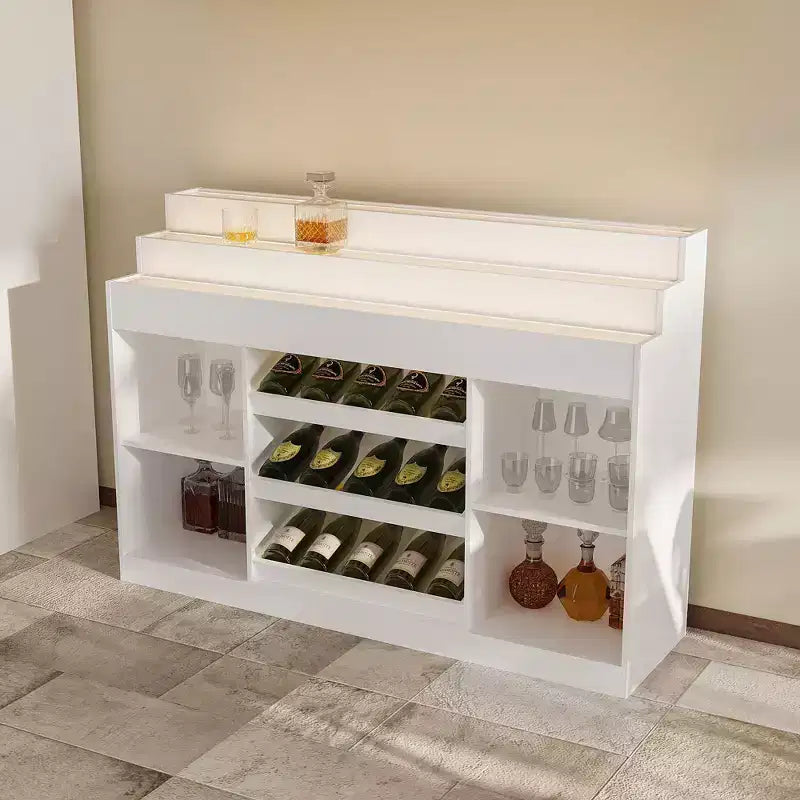 White Multi-Layer Bar Cabinet Wine Cabinet with Wave-Patterned Glass Countertop, Tiered Design, Ambient Lighting