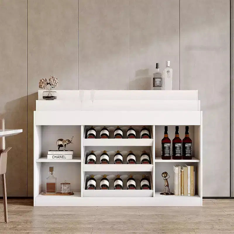 White Multi-Layer Bar Cabinet Wine Cabinet with Wave-Patterned Glass Countertop, Tiered Design, Ambient Lighting