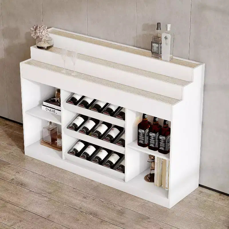 White Multi-Layer Bar Cabinet Wine Cabinet with Wave-Patterned Glass Countertop, Tiered Design, Ambient Lighting