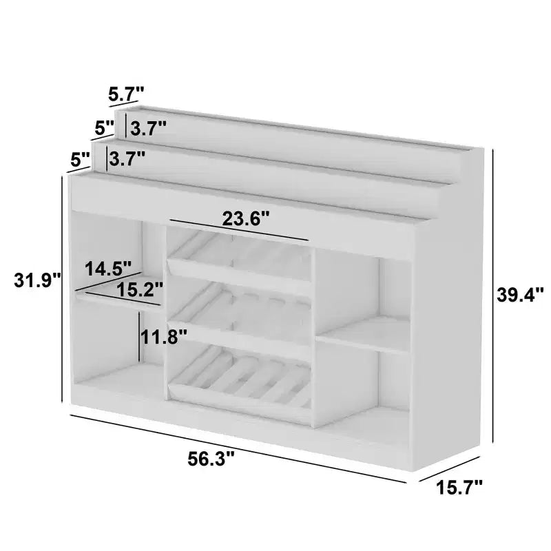 White Multi-Layer Bar Cabinet Wine Cabinet with Wave-Patterned Glass Countertop, Tiered Design, Ambient Lighting