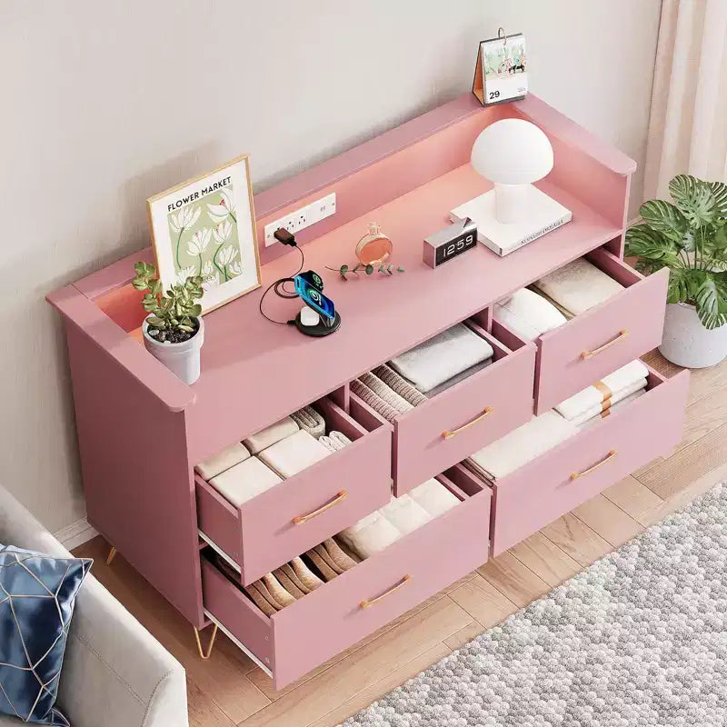 Five-drawer chest of drawers, 47-inch wide, with charging station, freestanding storage cabinet, suitable for wardrobes, hallways, entryways