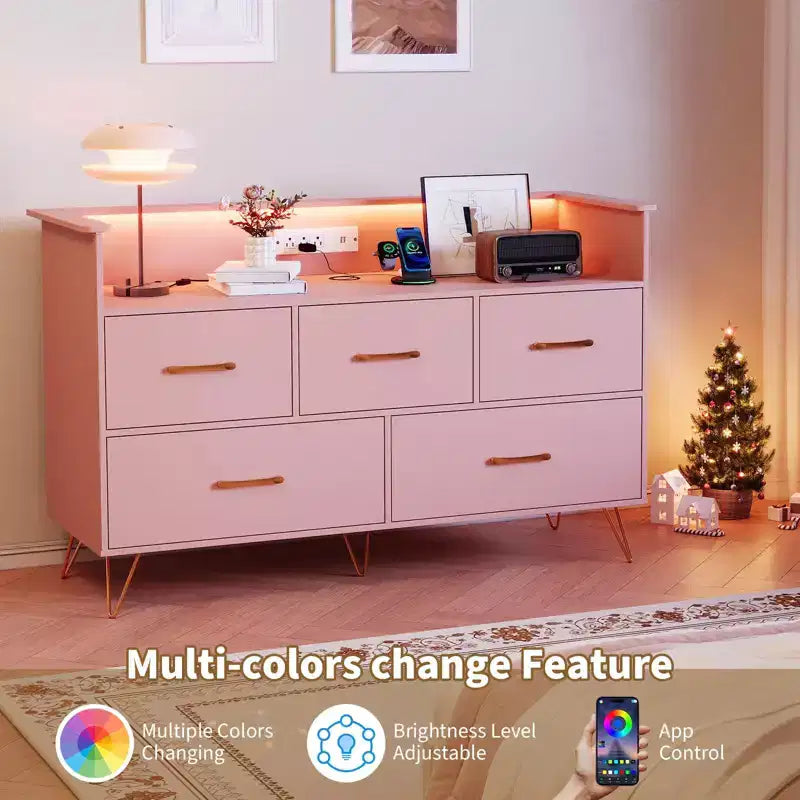 Five-drawer chest of drawers, 47-inch wide, with charging station, freestanding storage cabinet, suitable for wardrobes, hallways, entryways