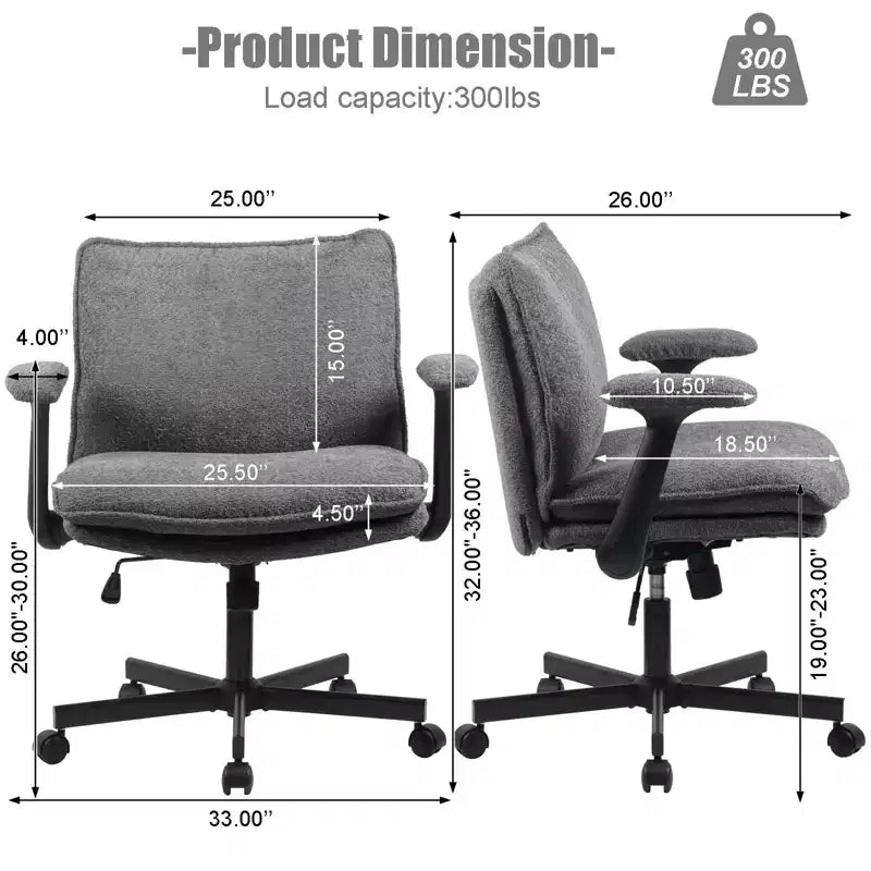 Criss-Cross Chair w/ Flip Arms & Wheels C Wide Upholstered Seat, Swivel Desk for Home Office/Vanity