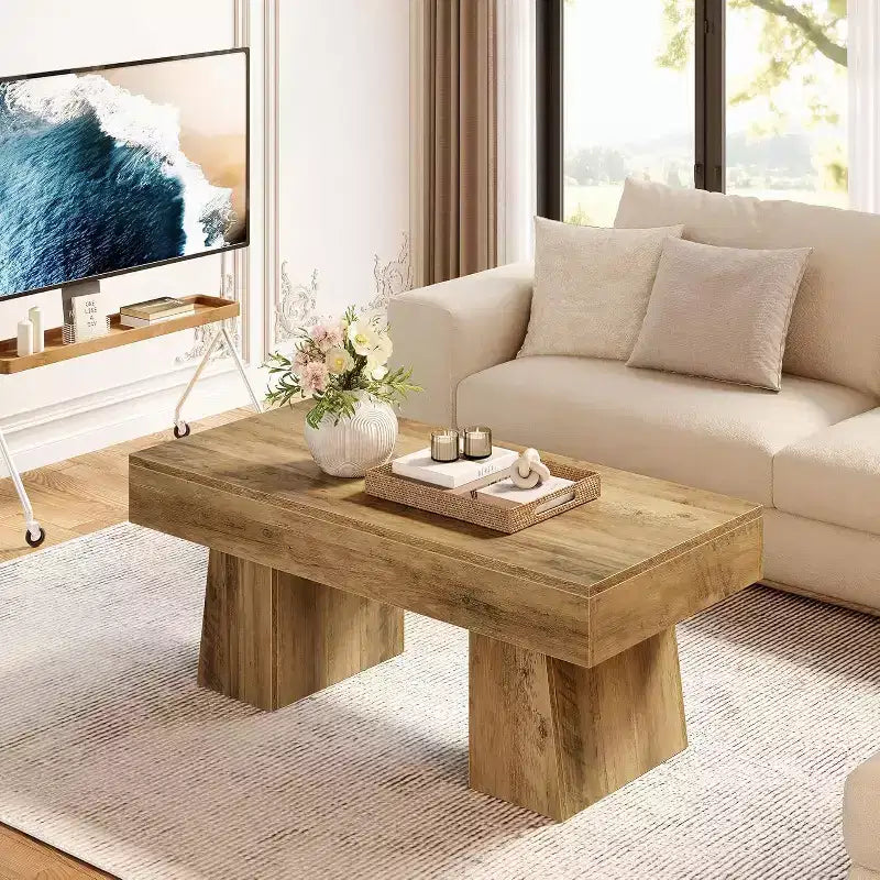 Farmhouse Coffee Table, 47" Rectangular Wooden Accent Center Table with Thick Base for Living Room