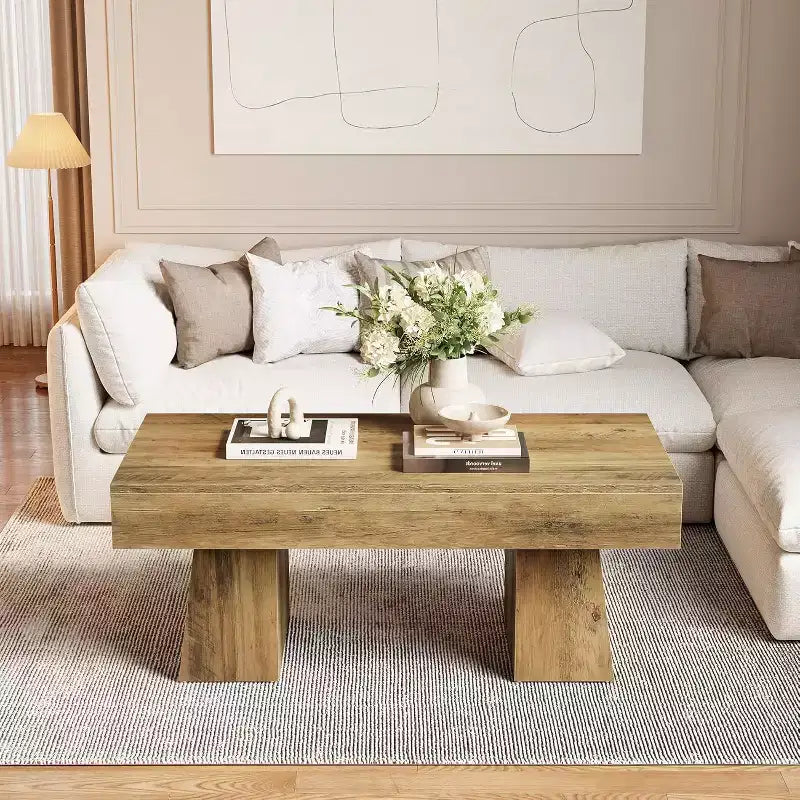 Farmhouse Coffee Table, 47" Rectangular Wooden Accent Center Table with Thick Base for Living Room