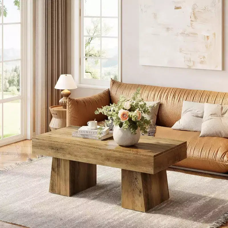 Farmhouse Coffee Table, 47" Rectangular Wooden Accent Center Table with Thick Base for Living Room