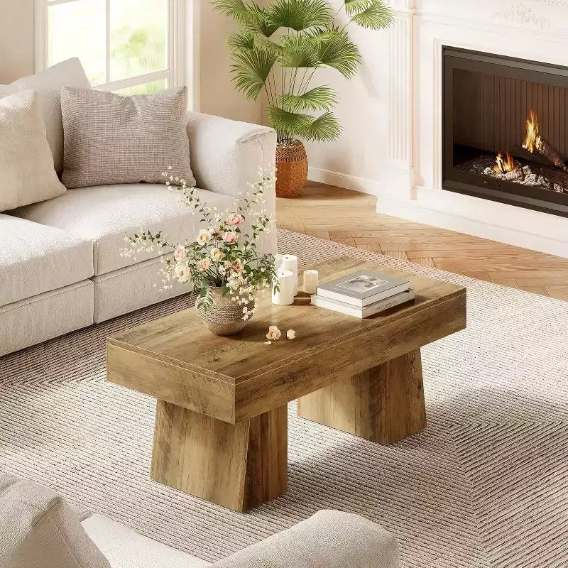 Farmhouse Coffee Table, 47" Rectangular Wooden Accent Center Table with Thick Base for Living Room