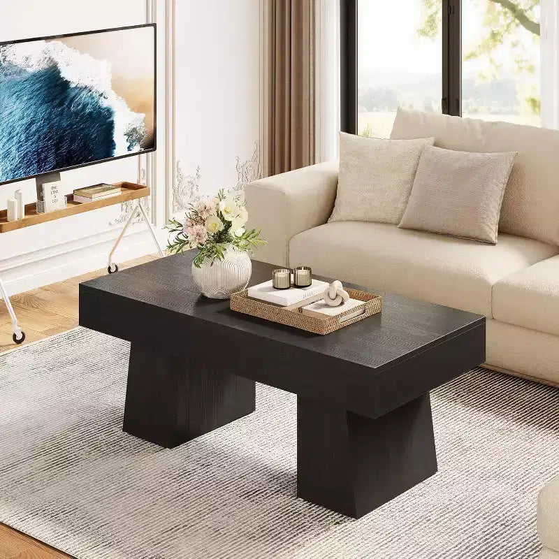 Farmhouse Coffee Table, 47" Rectangular Wooden Accent Center Table with Thick Base for Living Room