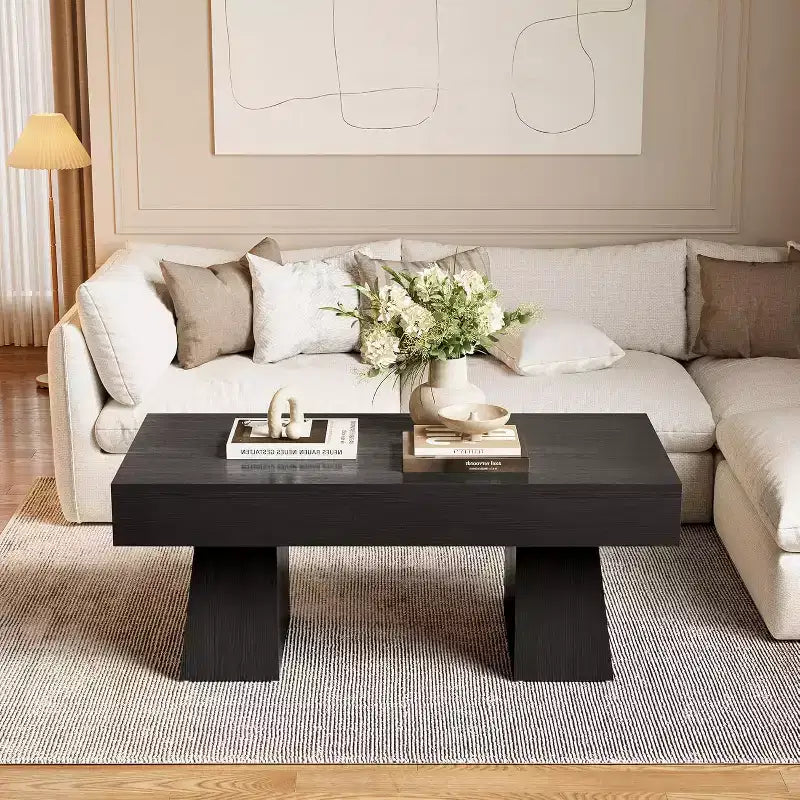 Farmhouse Coffee Table, 47" Rectangular Wooden Accent Center Table with Thick Base for Living Room