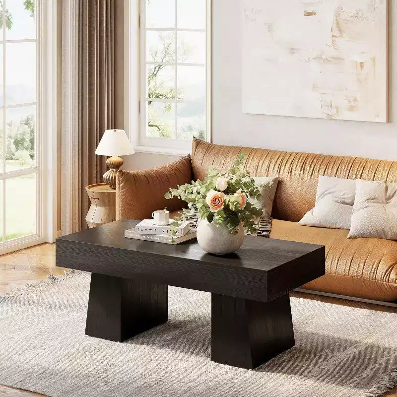 Farmhouse Coffee Table, 47" Rectangular Wooden Accent Center Table with Thick Base for Living Room