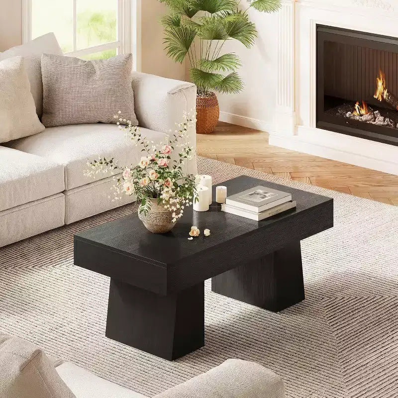 Farmhouse Coffee Table, 47" Rectangular Wooden Accent Center Table with Thick Base for Living Room