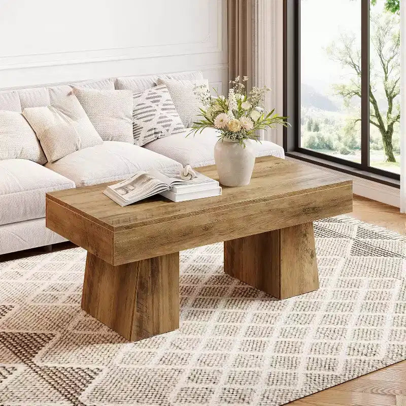 Farmhouse Coffee Table, 47" Rectangular Wooden Accent Center Table with Thick Base for Living Room