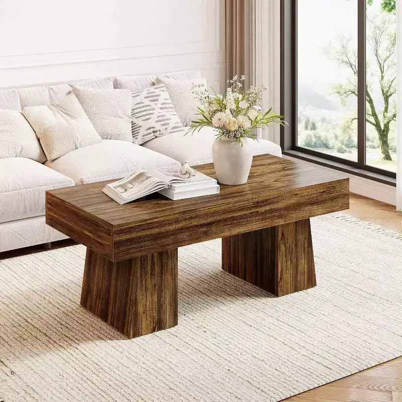 Farmhouse Coffee Table, 47" Rectangular Wooden Accent Center Table with Thick Base for Living Room