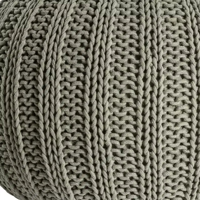 20" Green Cotton Cable Knit Round Pouf Ottoman