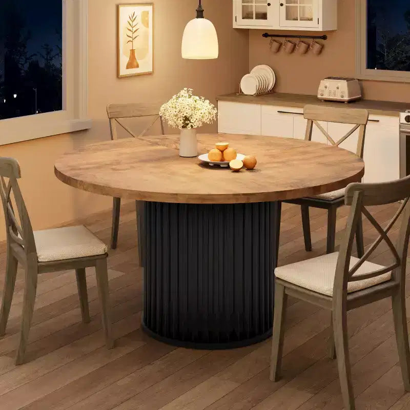 47 Round Dining Table for 4-6 People, Dining Room Table with Sturdy Waveform Metal Pedestal Base, Farmhouse Circle Kitchen Table