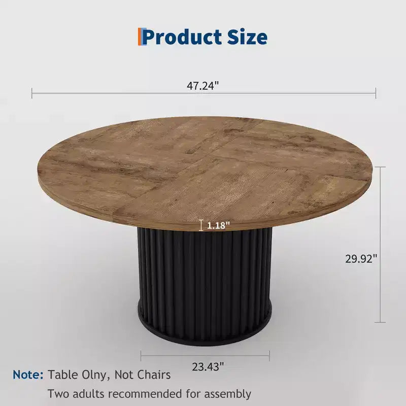 47 Round Dining Table for 4-6 People, Dining Room Table with Sturdy Waveform Metal Pedestal Base, Farmhouse Circle Kitchen Table