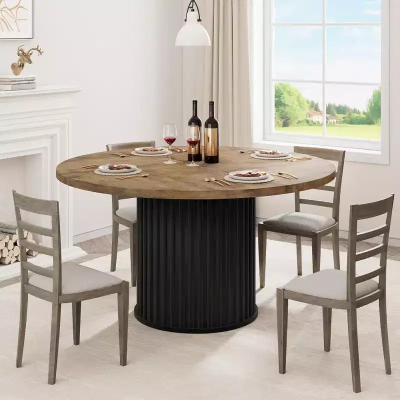 47 Round Dining Table for 4-6 People, Dining Room Table with Sturdy Waveform Metal Pedestal Base, Farmhouse Circle Kitchen Table