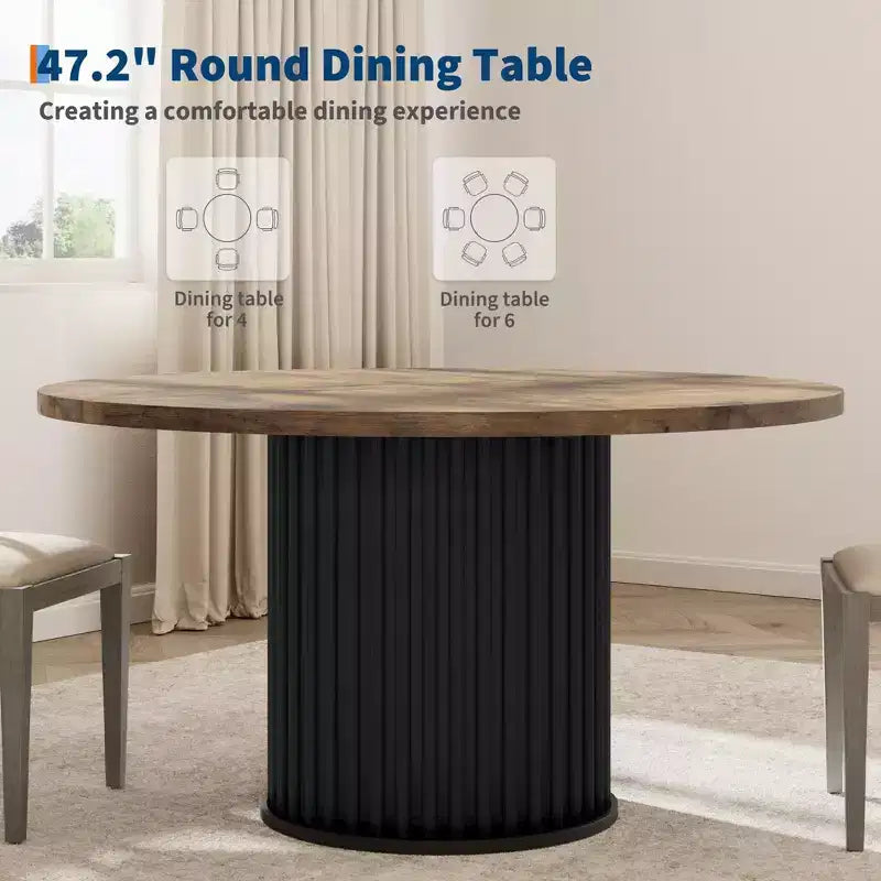 47 Round Dining Table for 4-6 People, Dining Room Table with Sturdy Waveform Metal Pedestal Base, Farmhouse Circle Kitchen Table
