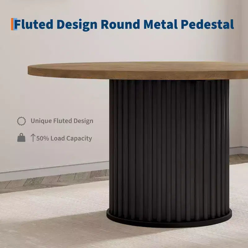 47 Round Dining Table for 4-6 People, Dining Room Table with Sturdy Waveform Metal Pedestal Base, Farmhouse Circle Kitchen Table