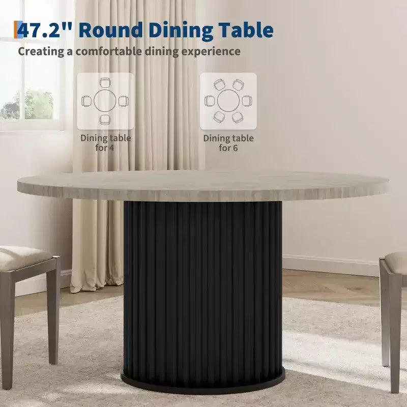 47 Round Dining Table for 4-6 People, Dining Room Table with Sturdy Waveform Metal Pedestal Base, Farmhouse Circle Kitchen Table