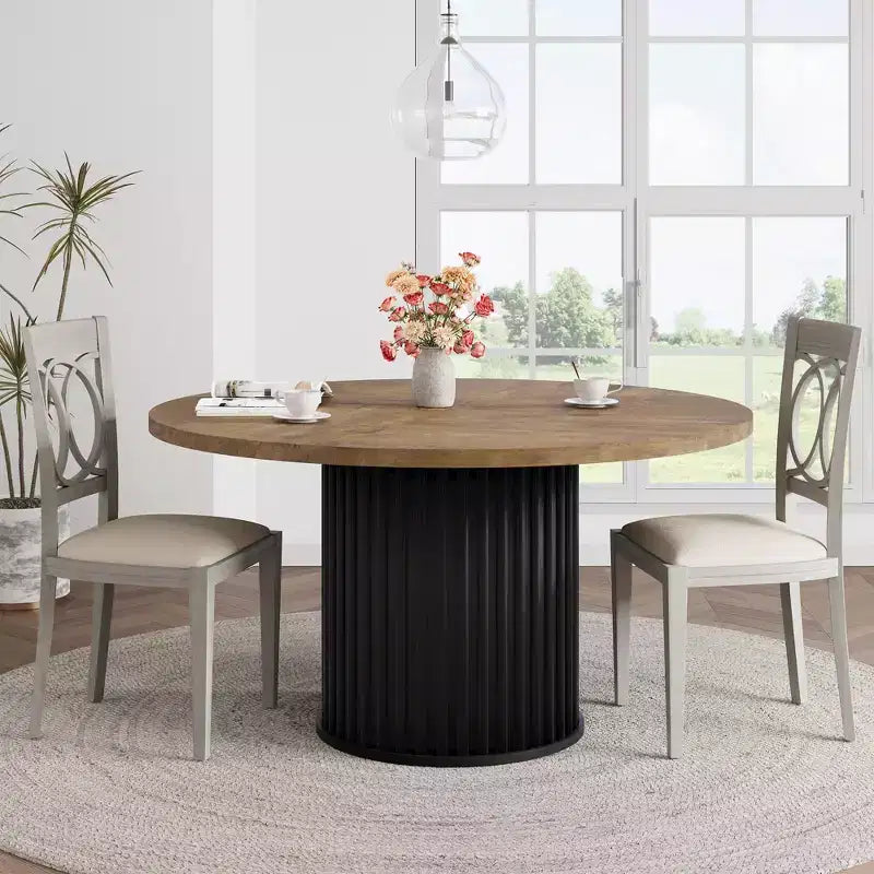 47 Round Dining Table for 4-6 People, Dining Room Table with Sturdy Waveform Metal Pedestal Base, Farmhouse Circle Kitchen Table