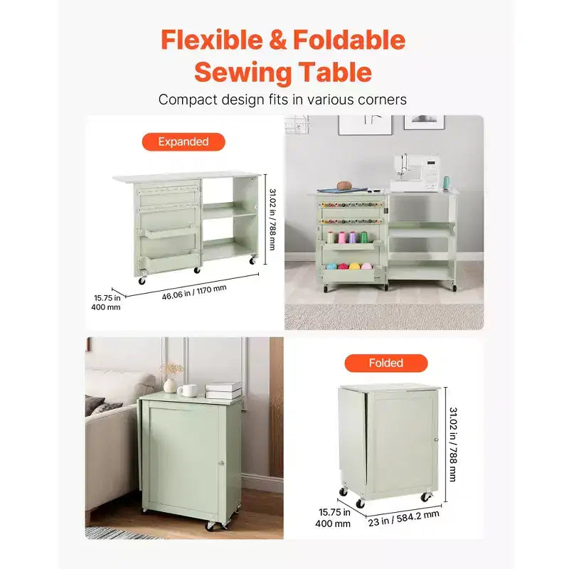 Folding Sewing Table, Multipurpose Sewing Machine Table with Wheels, Wooden Pegs, Storage Trays and Shelf, Light Green