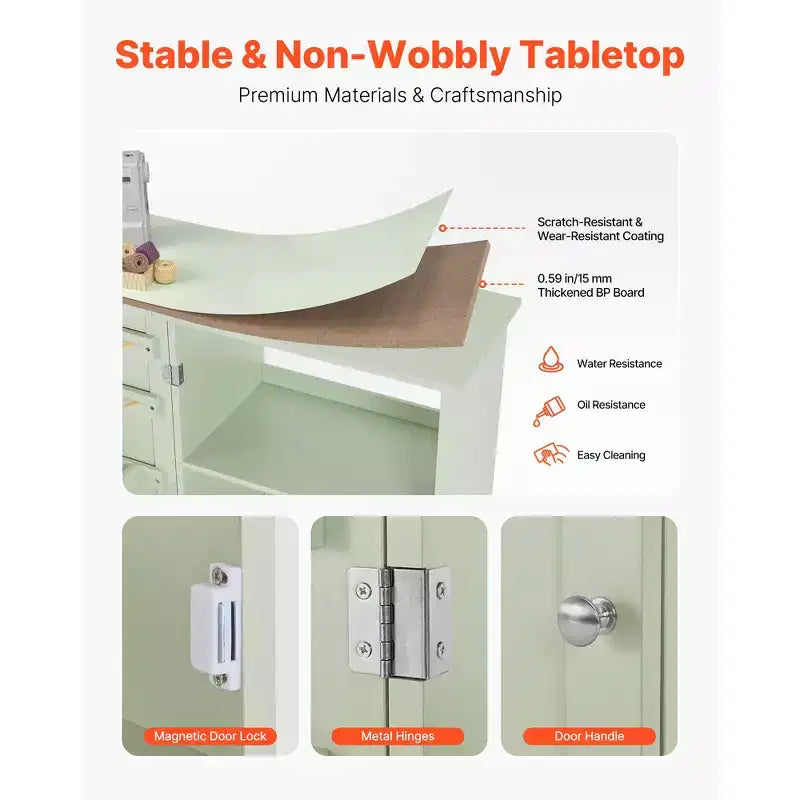 Folding Sewing Table, Multipurpose Sewing Machine Table with Wheels, Wooden Pegs, Storage Trays and Shelf, Light Green
