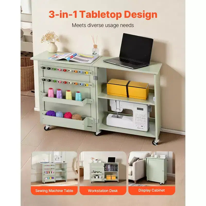 Folding Sewing Table, Multipurpose Sewing Machine Table with Wheels, Wooden Pegs, Storage Trays and Shelf, Light Green