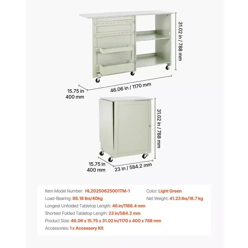 Folding Sewing Table, Multipurpose Sewing Machine Table with Wheels, Wooden Pegs, Storage Trays and Shelf, Light Green