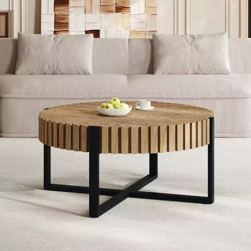 Industrial Round Drum Coffee Table, Gear-Inspired Design, MDF & Iron Base