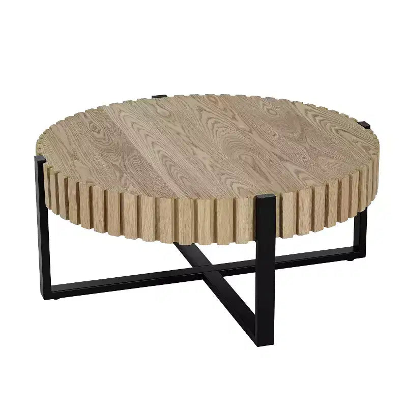Industrial Round Drum Coffee Table, Gear-Inspired Design, MDF & Iron Base