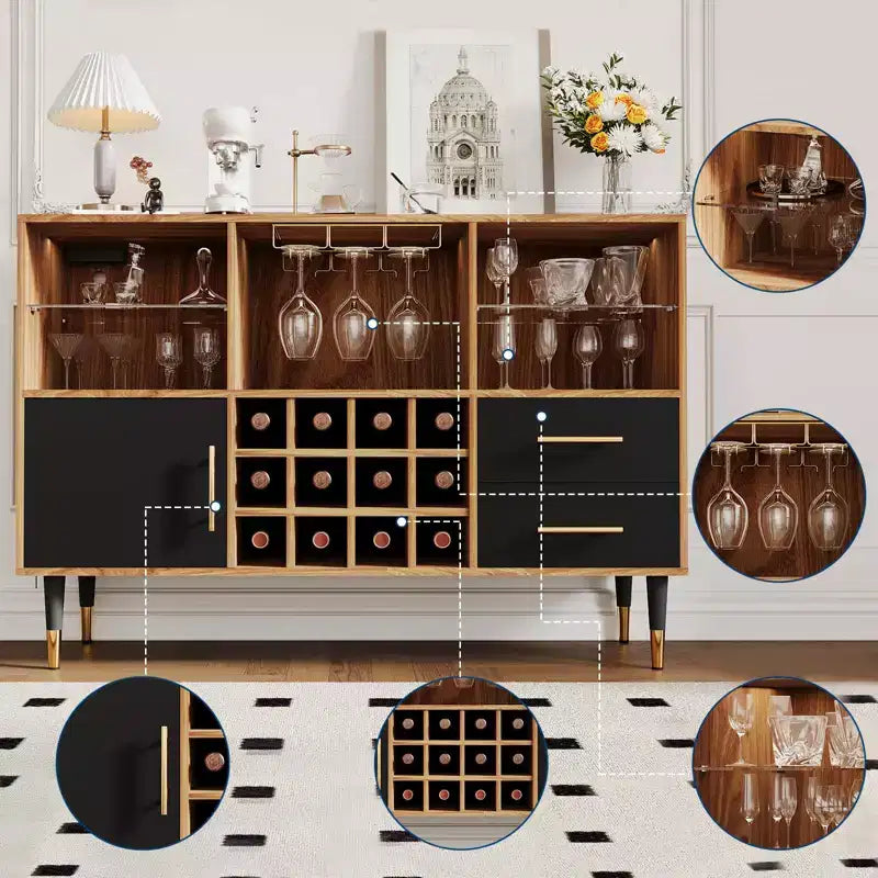 47 Farmhouse Coffee Bar Cabinet, Freestanding Wine Bar Cabinet with Wine Rack, Wooden Sideboard Buffet Cabinet, Modern Liquor Cabinet