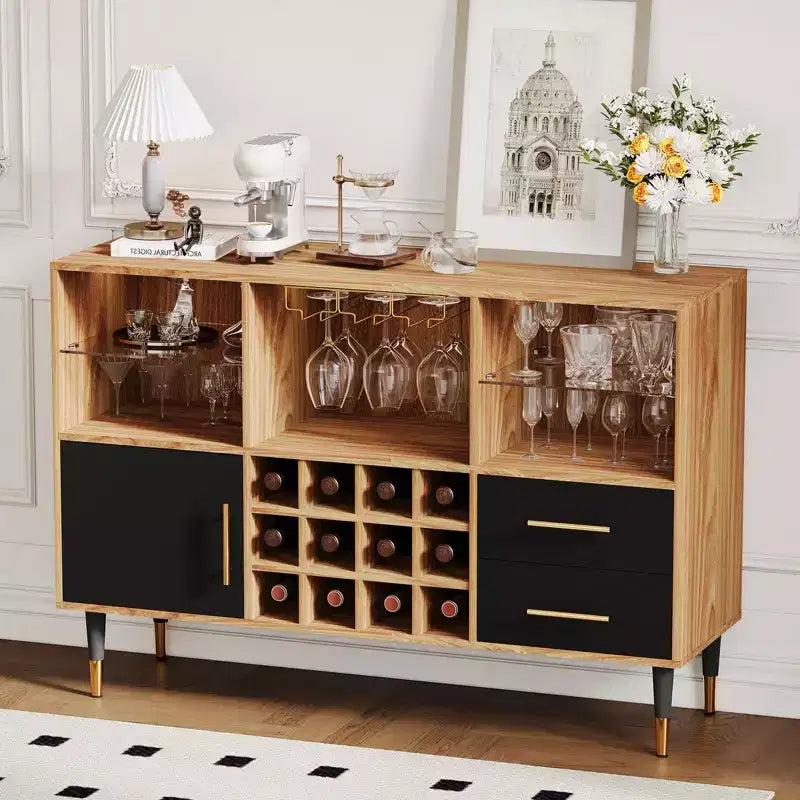 47 Farmhouse Coffee Bar Cabinet, Freestanding Wine Bar Cabinet with Wine Rack, Wooden Sideboard Buffet Cabinet, Modern Liquor Cabinet