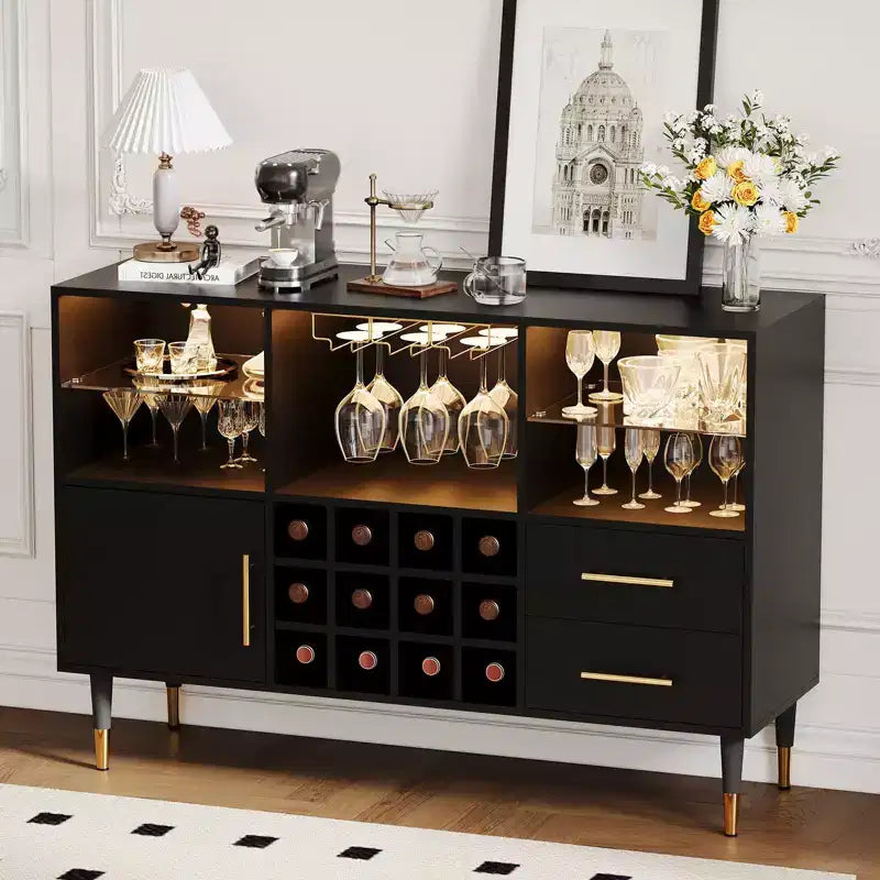 47 Farmhouse Coffee Bar Cabinet, Freestanding Wine Bar Cabinet with Wine Rack, Wooden Sideboard Buffet Cabinet, Modern Liquor Cabinet