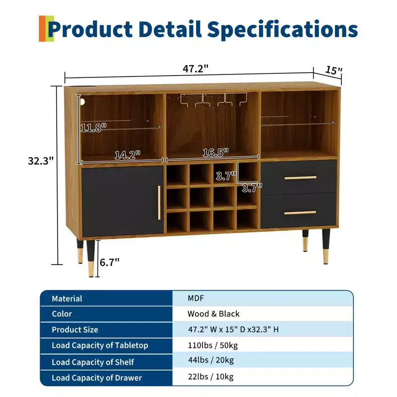 47 Farmhouse Coffee Bar Cabinet, Freestanding Wine Bar Cabinet with Wine Rack, Wooden Sideboard Buffet Cabinet, Modern Liquor Cabinet