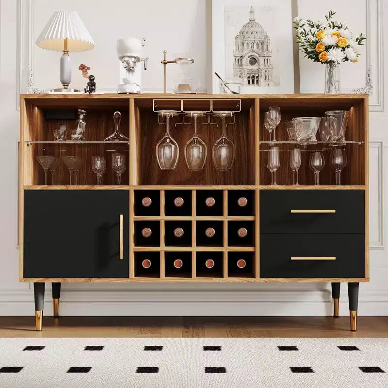 47 Farmhouse Coffee Bar Cabinet, Freestanding Wine Bar Cabinet with Wine Rack, Wooden Sideboard Buffet Cabinet, Modern Liquor Cabinet