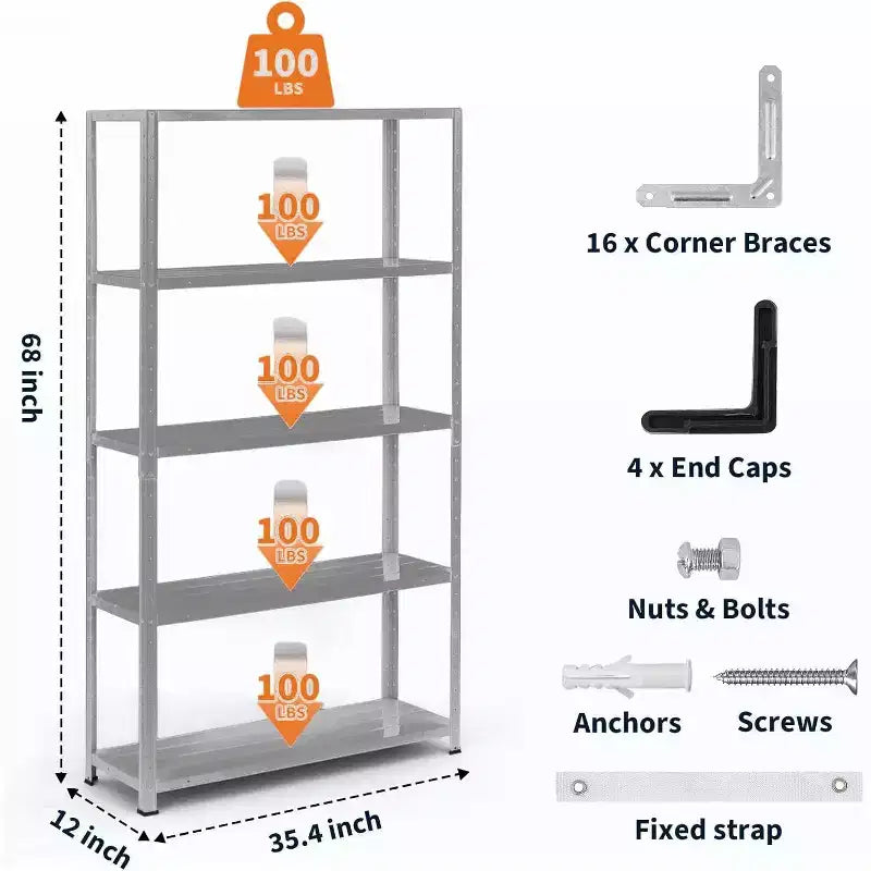 5 Tier Heavy Duty Steel Shelving Unit, 500 lbs Capacity Garage Storage Shelves with Adjustable Height, Metal Shelves,Industrial Shelves