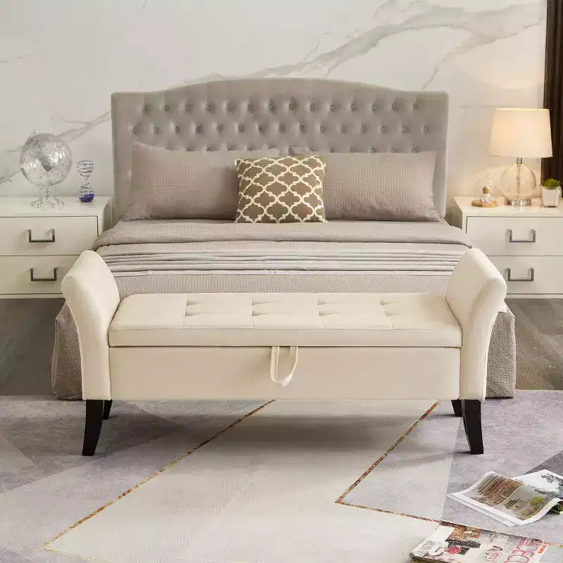 51.5" Bed Bench with Storage, Upholstered Velvet Tufted, Solid Black Wooden Legs, for Bedroom & Entryway