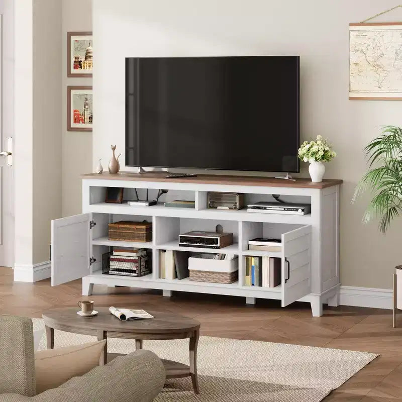Modern TV Stand for 65 in TV, Semi-Open Double Door Cabinet with Adjustable Shelves  Brown Entertainment Center with 8 Storage Compartments