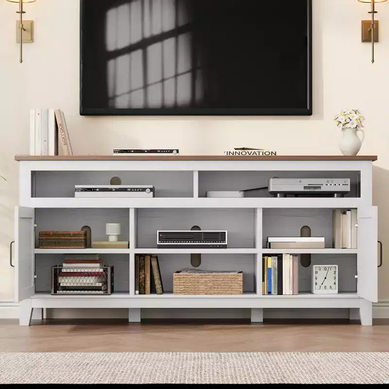 Modern TV Stand for 65 in TV, Semi-Open Double Door Cabinet with Adjustable Shelves  Brown Entertainment Center with 8 Storage Compartments