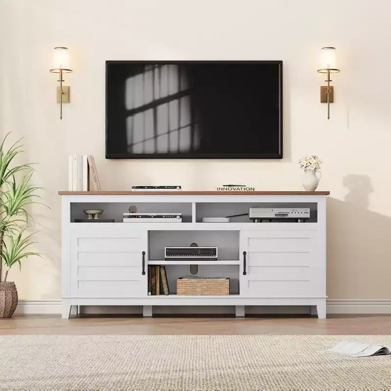 Modern TV Stand for 65 in TV, Semi-Open Double Door Cabinet with Adjustable Shelves  Brown Entertainment Center with 8 Storage Compartments