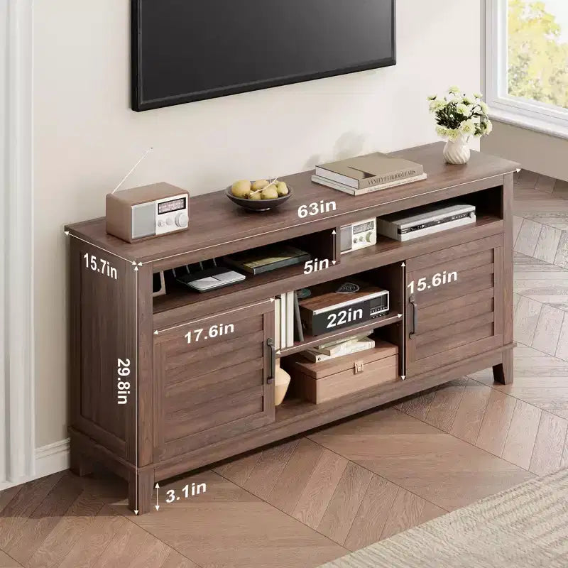 Modern TV Stand for 65 in TV, Semi-Open Double Door Cabinet with Adjustable Shelves  Brown Entertainment Center with 8 Storage Compartments