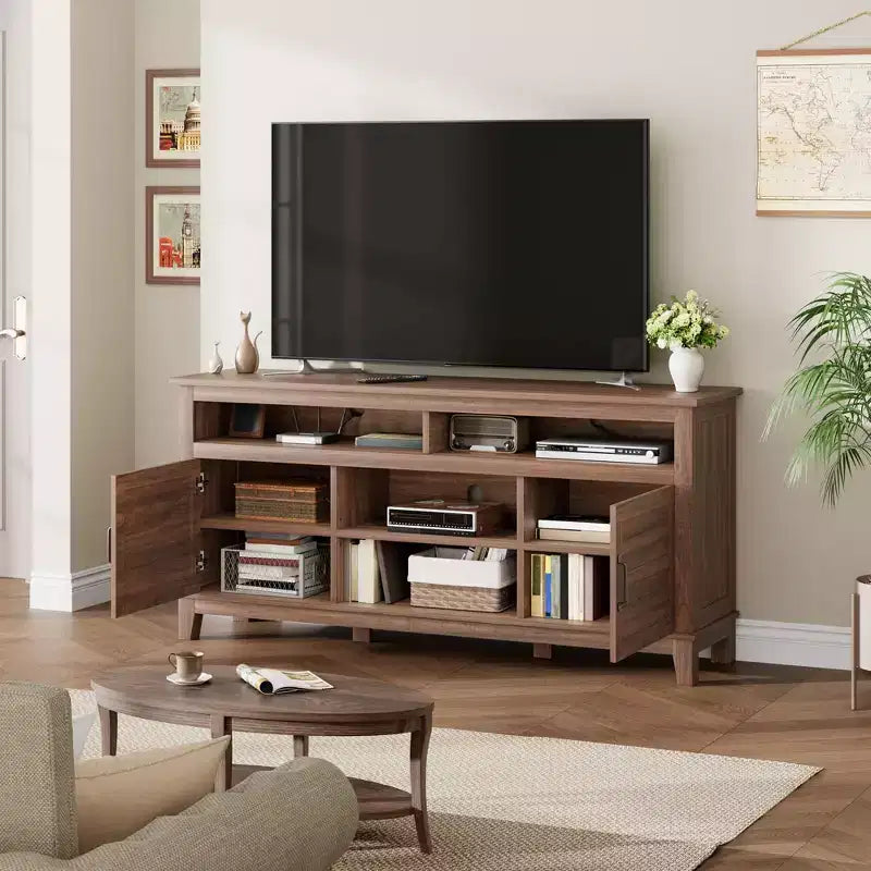 Modern TV Stand for 65 in TV, Semi-Open Double Door Cabinet with Adjustable Shelves  Brown Entertainment Center with 8 Storage Compartments