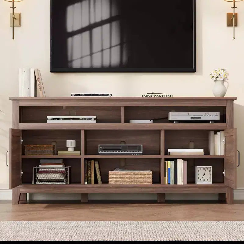 Modern TV Stand for 65 in TV, Semi-Open Double Door Cabinet with Adjustable Shelves  Brown Entertainment Center with 8 Storage Compartments