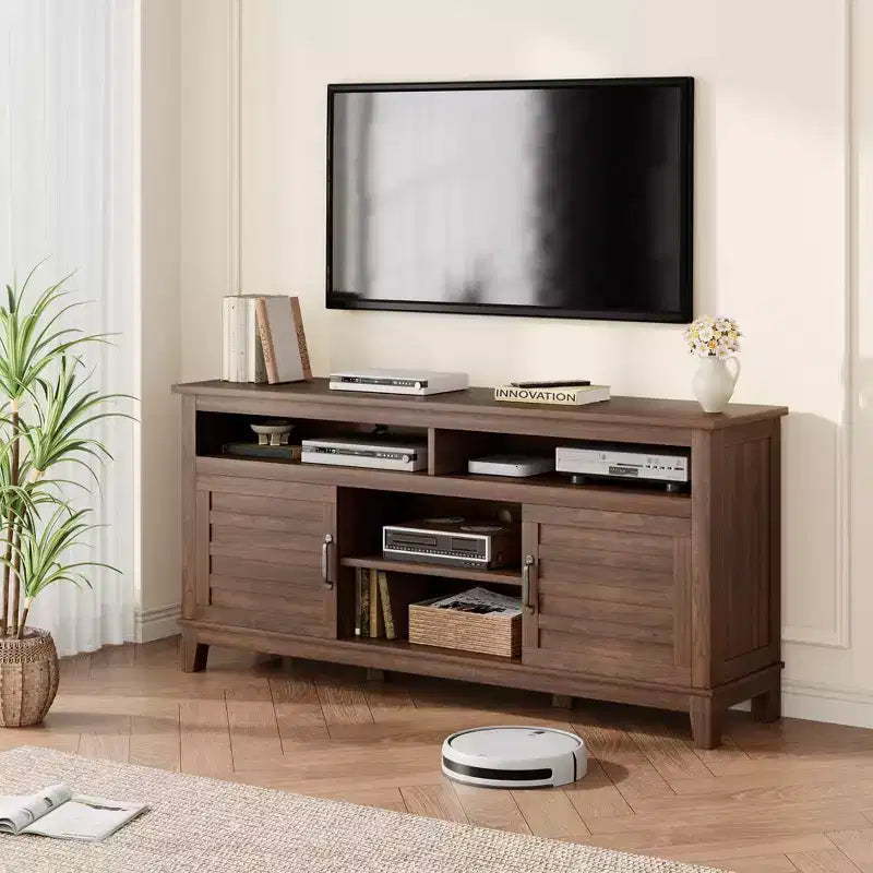 Modern TV Stand for 65 in TV, Semi-Open Double Door Cabinet with Adjustable Shelves  Brown Entertainment Center with 8 Storage Compartments