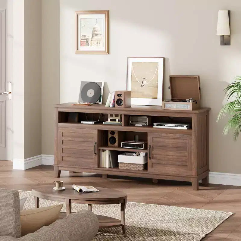 Modern TV Stand for 65 in TV, Semi-Open Double Door Cabinet with Adjustable Shelves  Brown Entertainment Center with 8 Storage Compartments